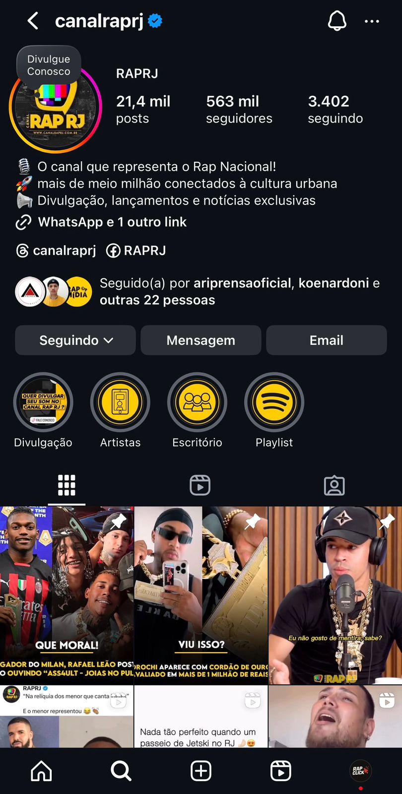 Perfil @canalraprj no Instagram