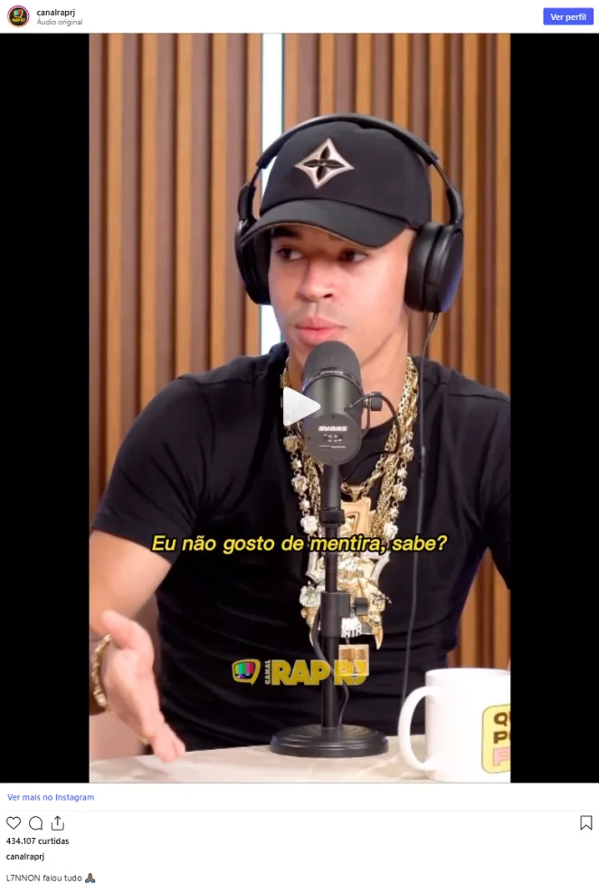 Reels real do @canalraprj com L7NNON — 17,5 milhões de views e 434 mil curtidas